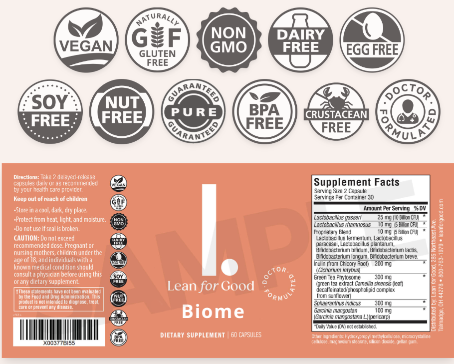 Current Biome package label and Supplement Facts screenshot supplied from the seller page